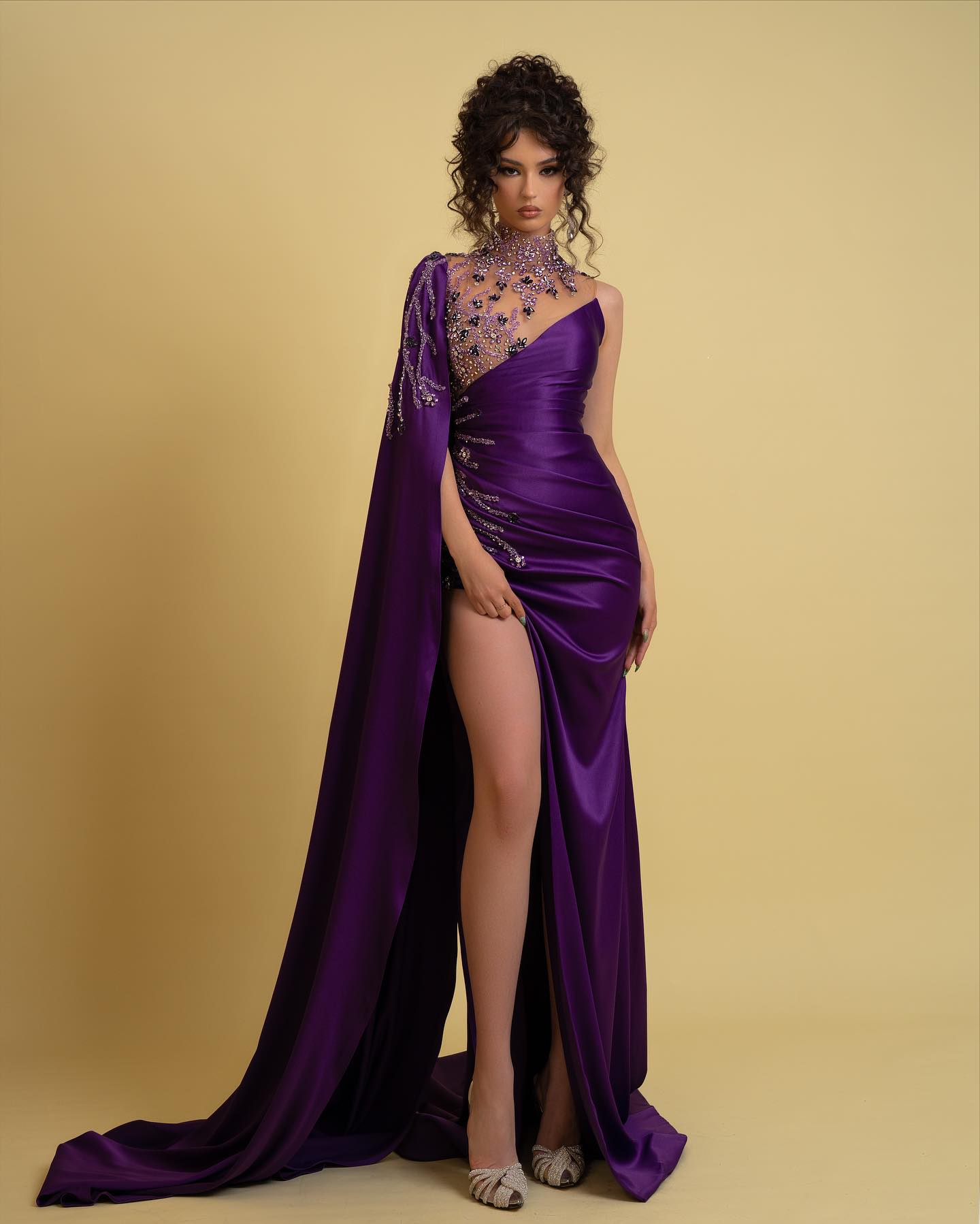Hellodresses Elegant Dark Purple One Sleeve Beaded Graduation Split Prom Dress