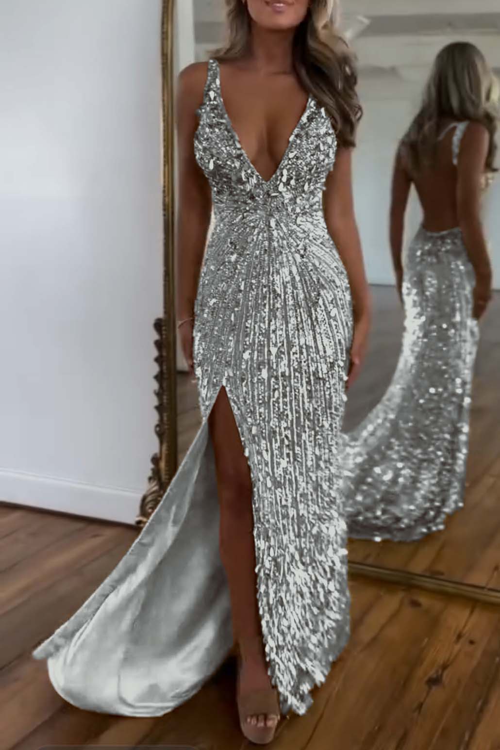 Charming Gold Sequins Spaghetti Strap Sleeveless V Neck Long Prom Dress with Split | Zelldresses