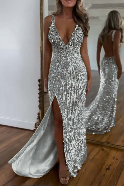 Charming Gold Sequins Spaghetti Strap Sleeveless V Neck Long Prom Dress with Split | Zelldresses