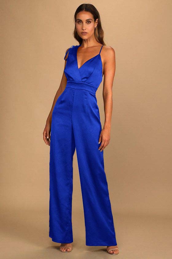 Hellodresses Chic Satin Dark Green Spaghetti Strap Sleeveless V-Neck Wide Leg Jumpsuit