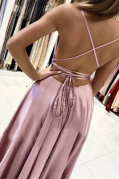 Spaghetti-Straps Pink Prom Dress with Slit PD0408