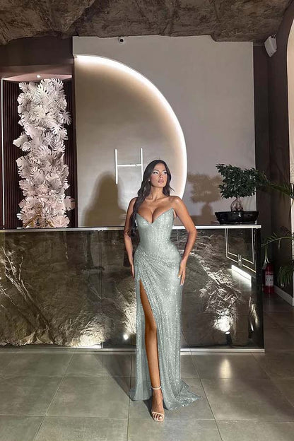 Sequin Strapless Sleeveless Long Split Prom Dress With Pleated ZT0524