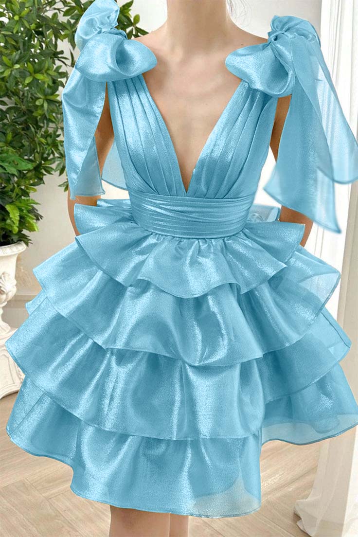 Straps V Neck Sleeveless Short Homecoming Dress With Ruffles HC0172