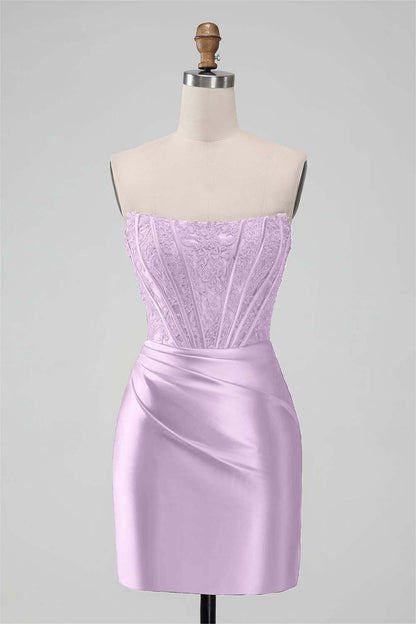 Red Satin Strapless Sleeveless Pleated Short Homecoming Dress with Embroidery HC0005