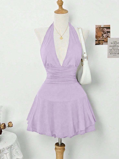 Halter Deep V Neck Sleeveless Short Homecoming Dress With Pleated HC0167