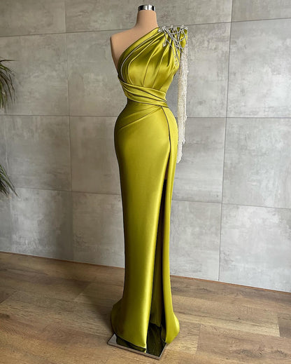 Glamorous One Shoulder Green Prom Dress With Sparkling Stones | Zelldresses