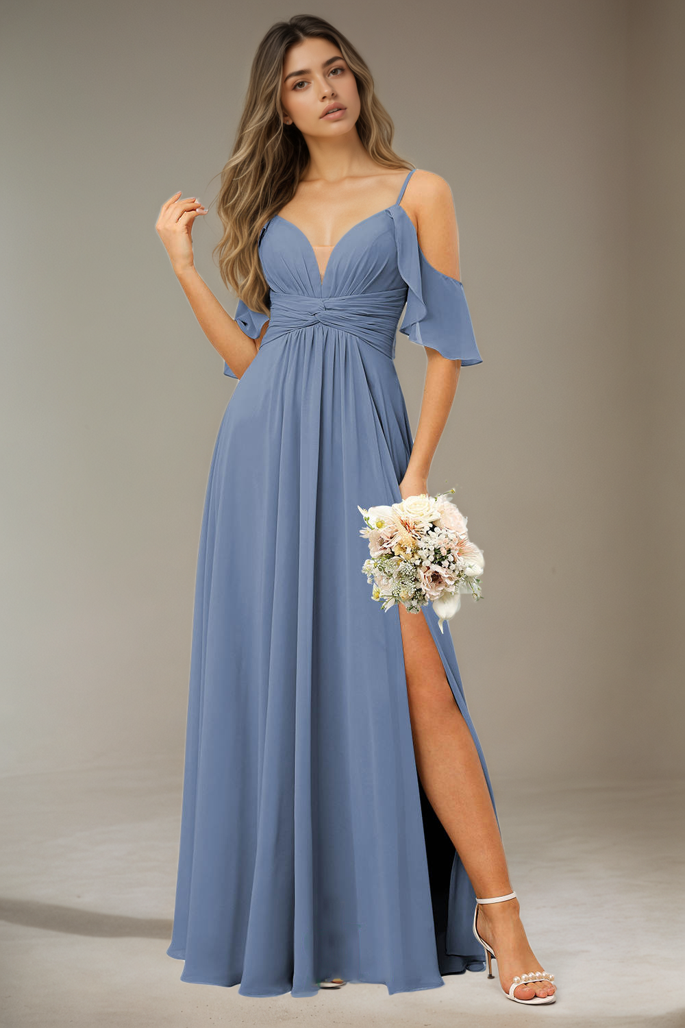 Flowing Straps Sleeveless Bridesmaid Dresses Floor Length with Split CK01