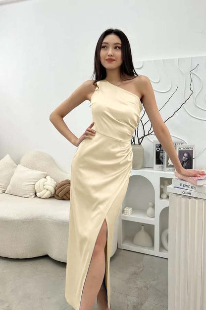 Chic Sleeveless One Shoulder Long Prom Dress With Pleated Split JQ0244