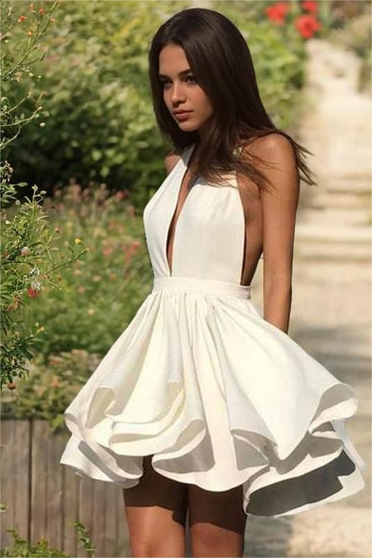 Ivory Halter Deep V Neck Sleeveless Short A-Line Homecoming Dress With Ruffles HC0038