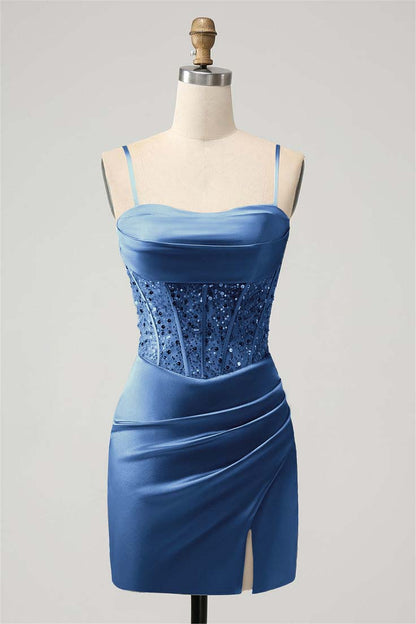 Sage Green Satin Spaghetti Strap Pleated Split Homecoming Dress with Beadings HC0030