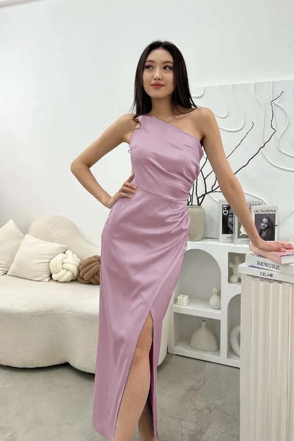 Chic Sleeveless One Shoulder Long Prom Dress With Pleated Split JQ0244