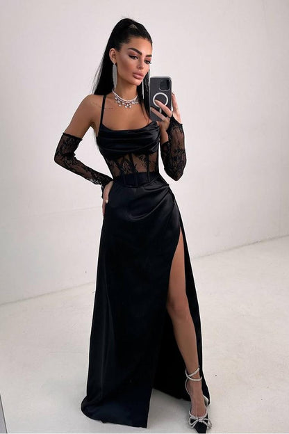 Chic Black Satin Halter Strapless Sleeveless Lace Split Prom Dress with Gloves | Zelldresses