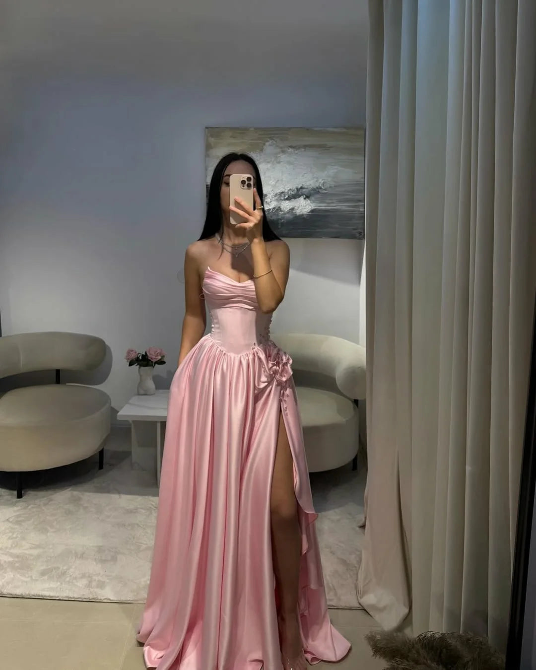 Elegant Pink Satin Strapless Beaded Sleeveless Pleated Split Prom Dress | Zelldresses