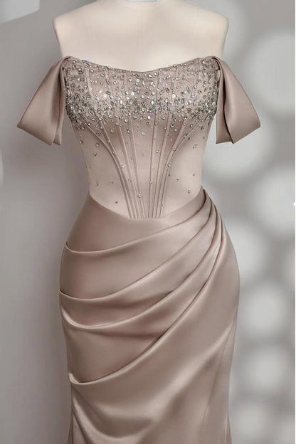 Charming Taupe Satin Off the Shoulder Strapless Long Split Prom Dress with Beadings | Zelldresses