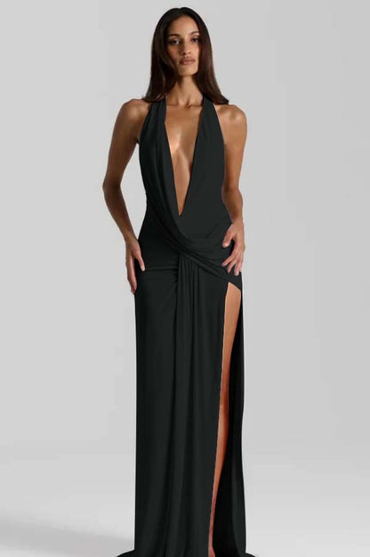 Halter Deep V Neck Sleeveless Long Split Prom Dress With Pleated YC0103