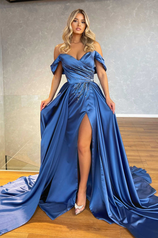Blue Off-the-Shoulder Split Prom Dress Overskirt With Beadings | Zelldresses