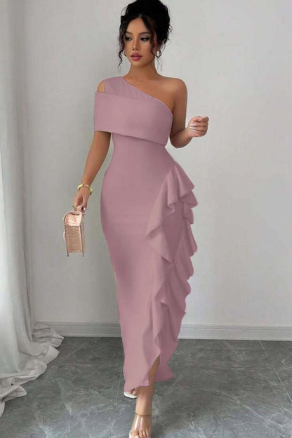 One Shoulder Sleeveless Long Split Prom Dress With Pleated Ruffles XJ0748