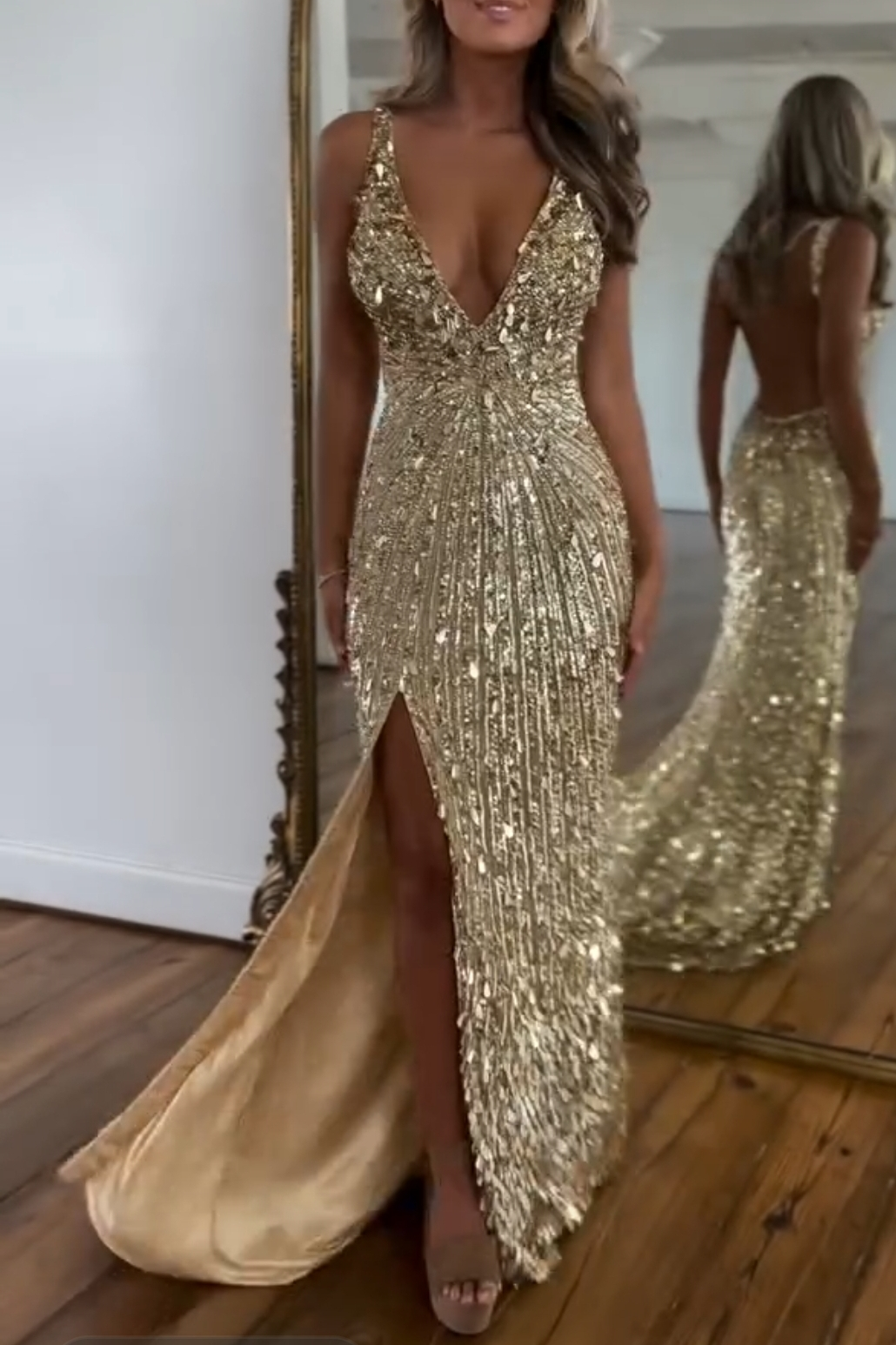 Charming Gold Sequins Spaghetti Strap Sleeveless V Neck Long Prom Dress with Split | Zelldresses