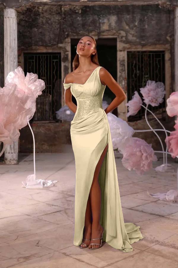 Sleeveless One Shoulder Long Split Prom Dress With Pleated Sequin JQ0247