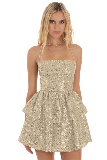 Champagne Sequins Halter Sleeveless Short Homecoming Dress with Ruffles HC0011