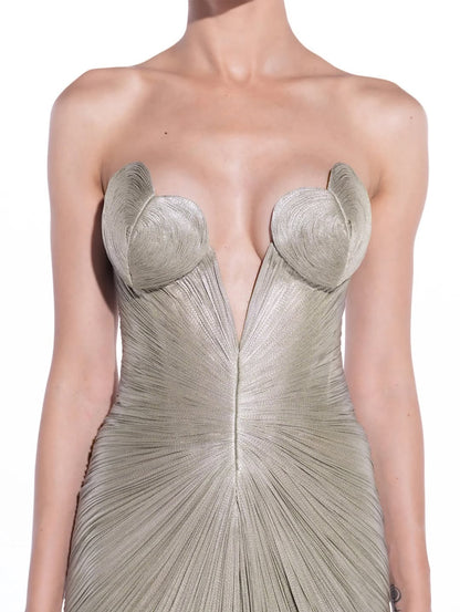 Charming Silver V Neck Sleeveless Pleated Split Prom Dress with Train | Zelldresses