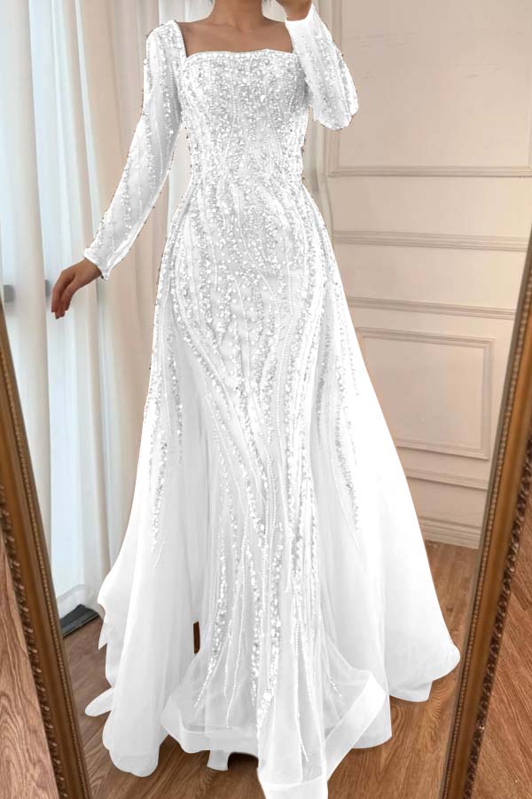 Square Neck Long Sleeves Long Mermaid Prom Dress With Beading Tulle WQ0442