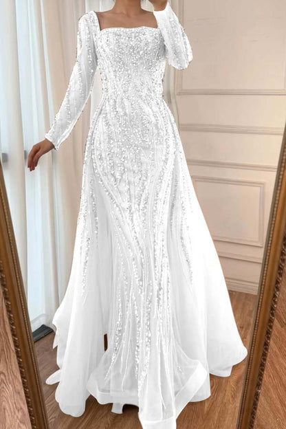 Square Neck Long Sleeves Long Mermaid Prom Dress With Beading Tulle WQ0442