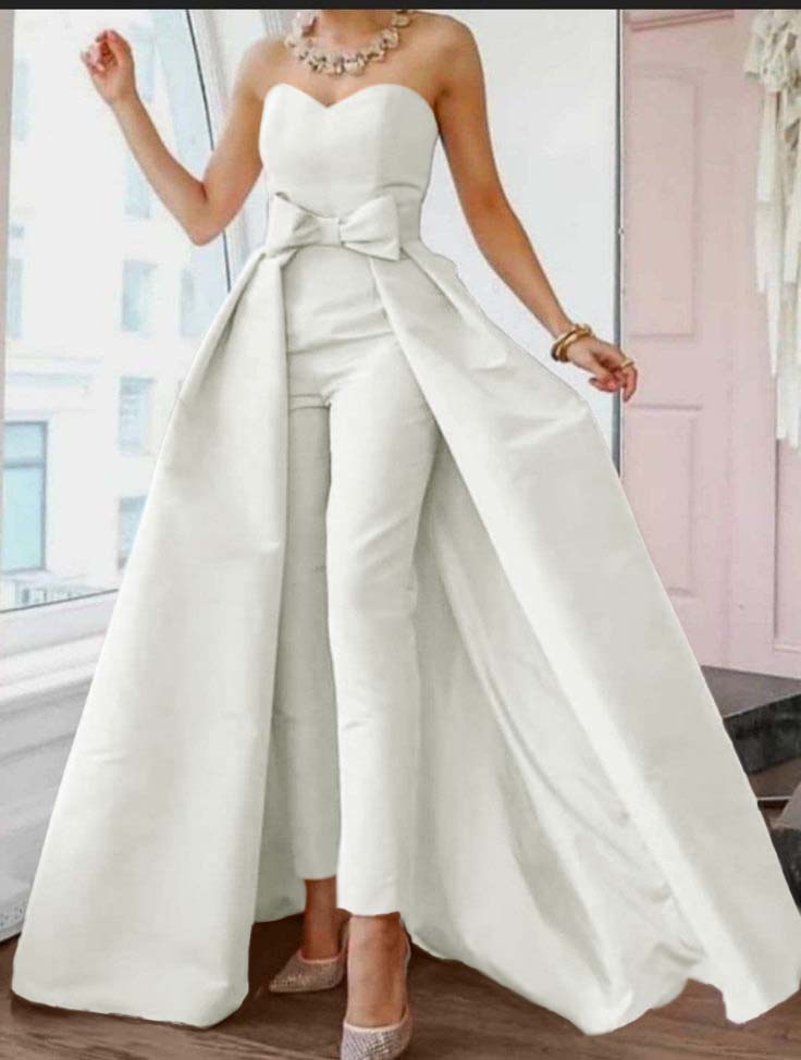 Okdais Pink Jumpsuits Evening Dresses Formal Occasion Dresses Back Sexy Engagement Sweetheart Sleeveless Detachable Bow JP0025