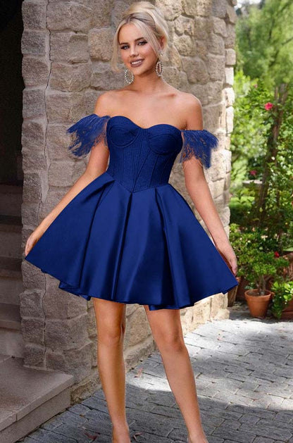 Off the Shoulder Sweetheart Sleeveless Short A Line Homecoming Dress With Feather HC0176
