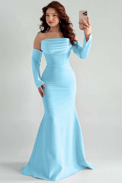 Strapless Long Sleeves Long Mermaid Prom Dress With Pleated XJ0765