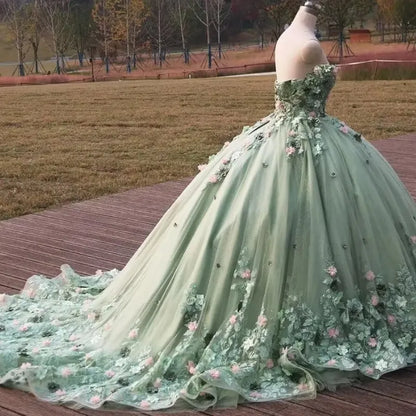 Sage Green Quinceanera Dress Off-Shoulder Applique Lace Beaded Tulle Ball Gown for Sweet 16 & 15   fg8093