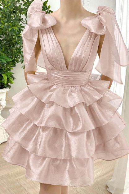 Straps V Neck Sleeveless Short Homecoming Dress With Ruffles HC0172