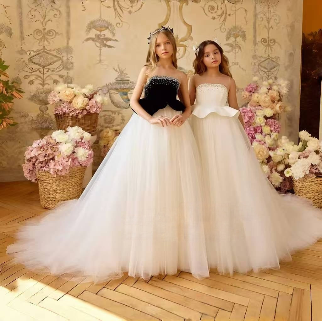 Luxury White Flower Girl Dress with Beaded Bodice and Tulle Skirt J388