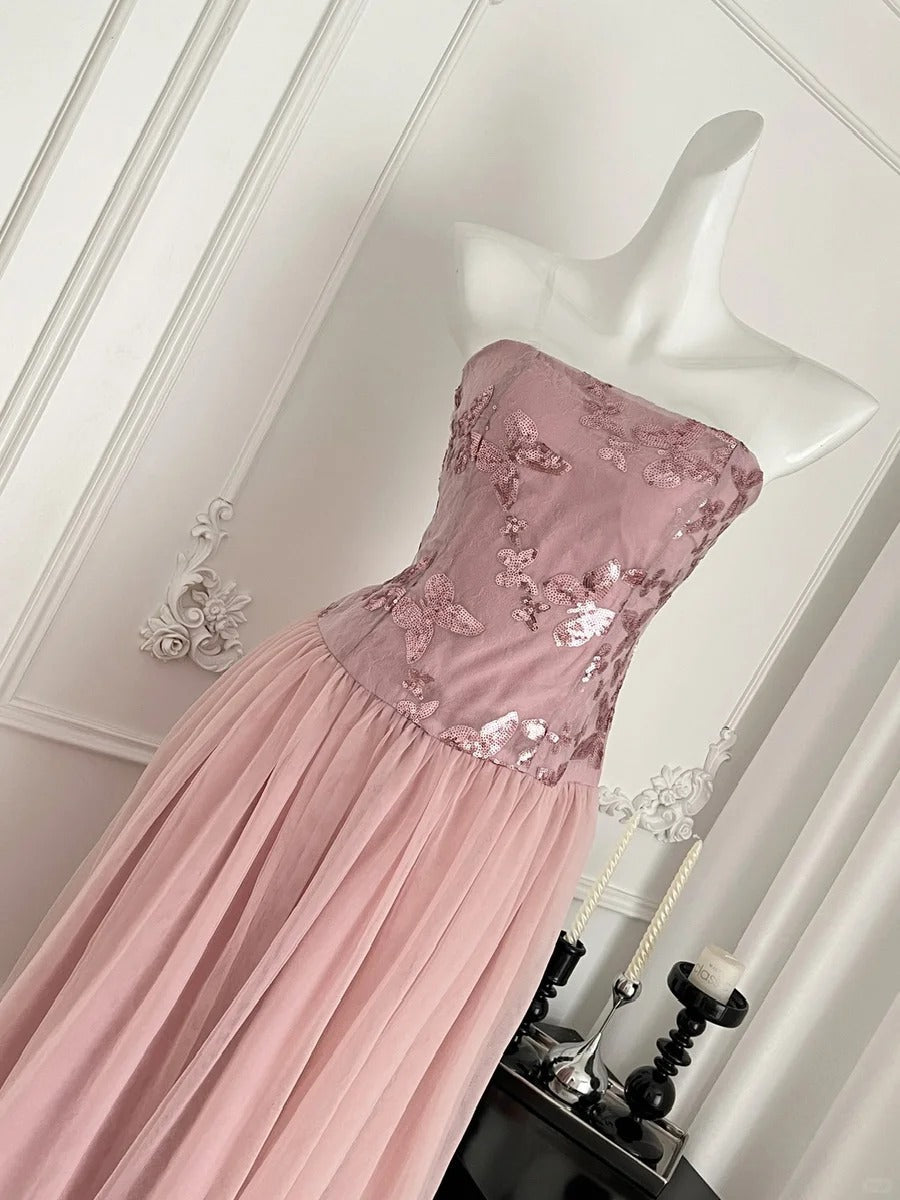 Elegant Pink A-line Tube Top Sequined Tulle Long Prom Dress Evening Dress Bridesmaid Dress P4010