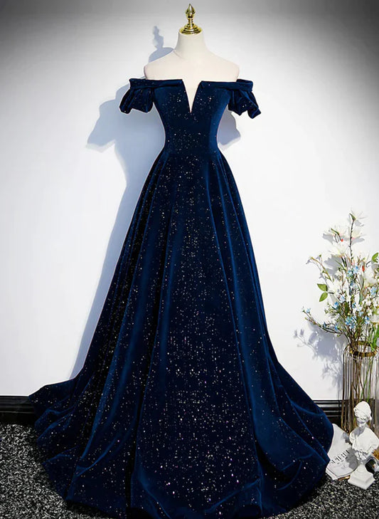 A-line Simple Navy Blue Velvet Off Shoulder Prom Dress