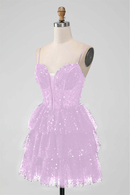 Black Sequins Spaghetti Strap Sleeveless Short Homecoming Dress With Ruffles HC0017