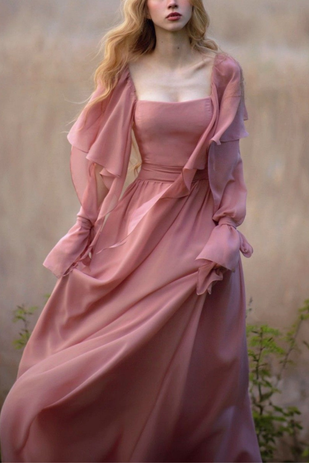 zelldressess-Vintage elegant long sleeve A-line pink chiffon formal prom dress prom dress gh5751