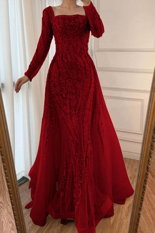 Square Neck Long Sleeves Long Mermaid Prom Dress With Beading Tulle WQ0442
