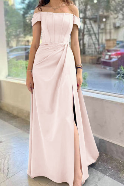 Dusty Blue Elegant Off-the-Shoulder Split Prom Dress with Pleats ED0379