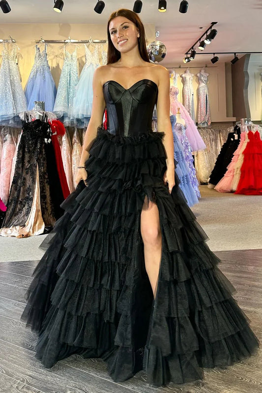 Black A Line Sweetheart Neck Layered Satin Tulle Long Wedding Guest Dress Evening Dress with Slit SH2920