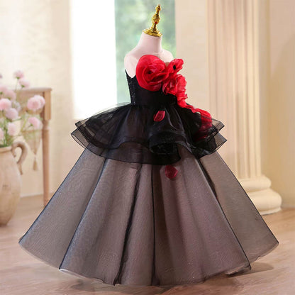 Mystique Black Flower Girl Dress with Contrast Red Roses Floor Length D122