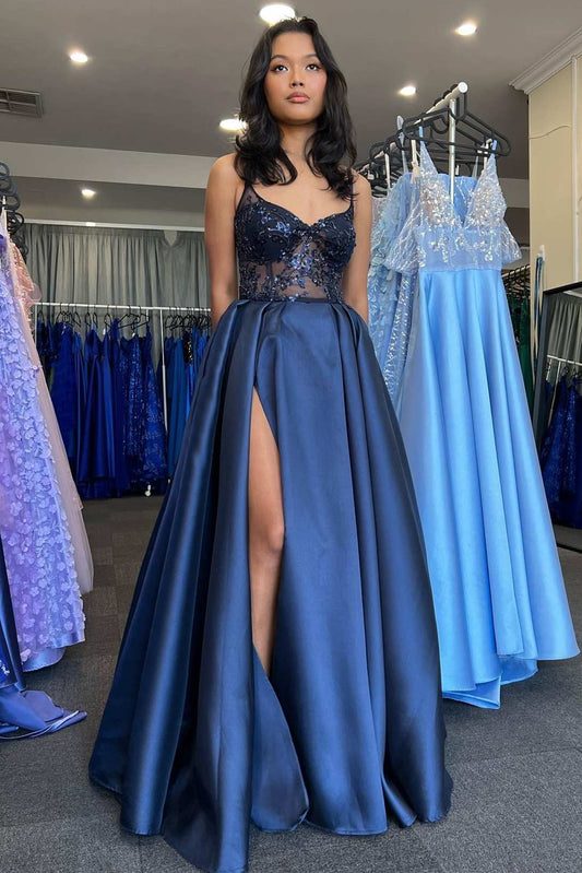 Pretty A Line Spaghetti Strap Sequin Navy Blue Satin Long Party Dress Wedding Guest Dress with Slit SH2922