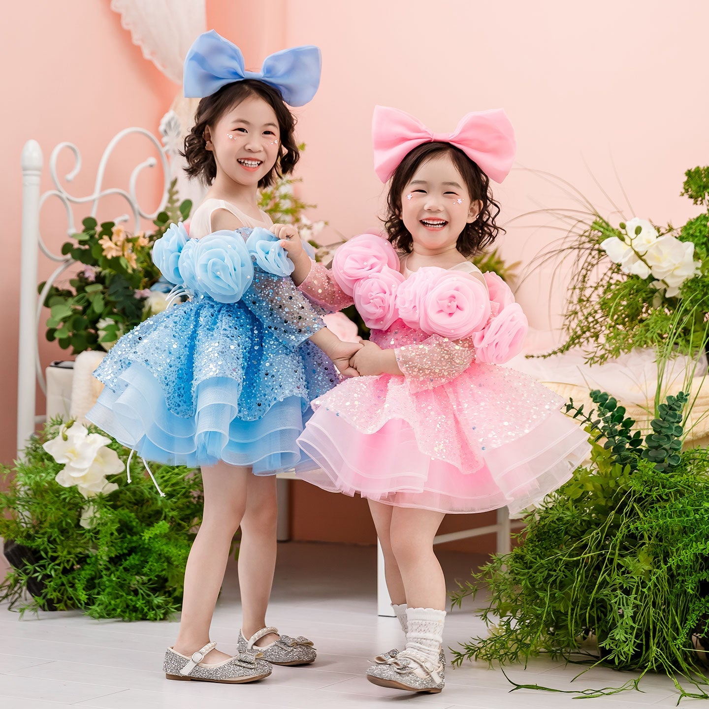 Flower Girl Dress with 3D Floral Accents Sparkling Sequins D099