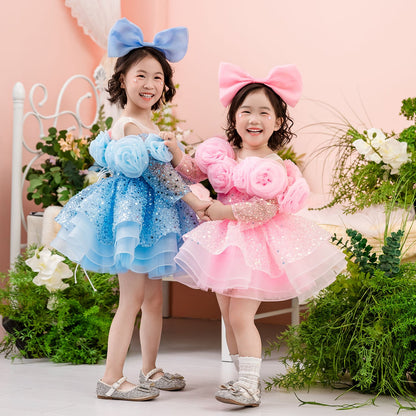 Flower Girl Dress with 3D Floral Accents Sparkling Sequins D099