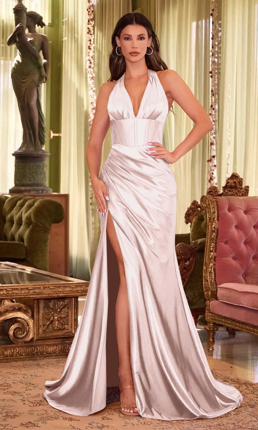 Halter Neck Sleeveless Long Mermaid Split Prom Dress With Pleated LY0640