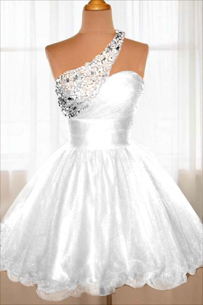 Red Tulle Sleeveless One Shoulder Ruffles Short Homecoming Dress with Sequins