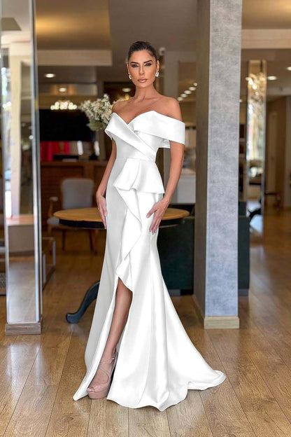 Chic Mint Green Satin Strapless Off the Shoulder Long Split Prom Dress with Ruffles | Zelldresses