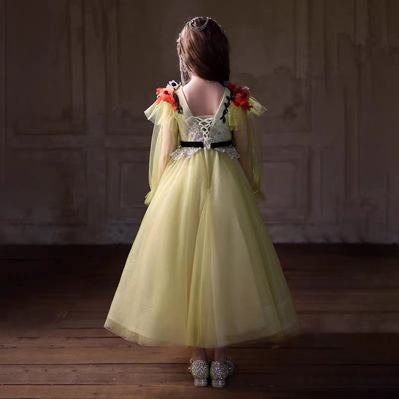 Light Yellow Flower Girl Dress with Red 3D Flowers Sequins J270
