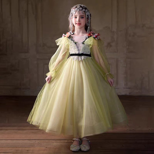 Light Yellow Flower Girl Dress with Red 3D Flowers Sequins J270