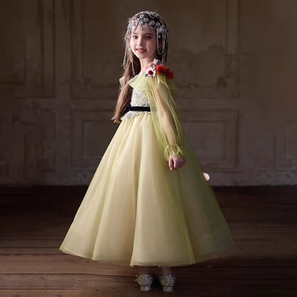 Light Yellow Flower Girl Dress with Red 3D Flowers Sequins J270
